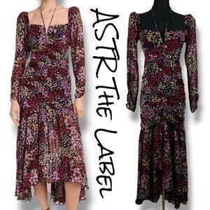 ASTR The Label Athena Midi Dress Floral Black Puff Sleeve Coquette Womens Sz XS